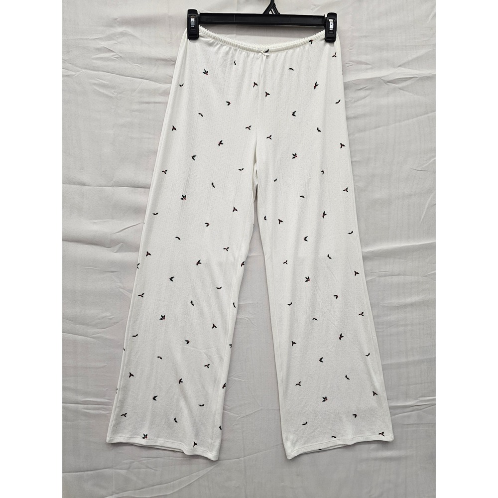 Auden Women Cream Holly Berry Print Pajama Pants Wide Leg Ribbed KL549M Size S